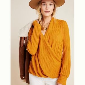 Anthropologie Maeve Rafela Hacci Surplice Top - Gold, size L